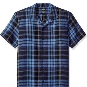 Todd Snyder Linen Indigo Plaid Camp Collar Shirt Small